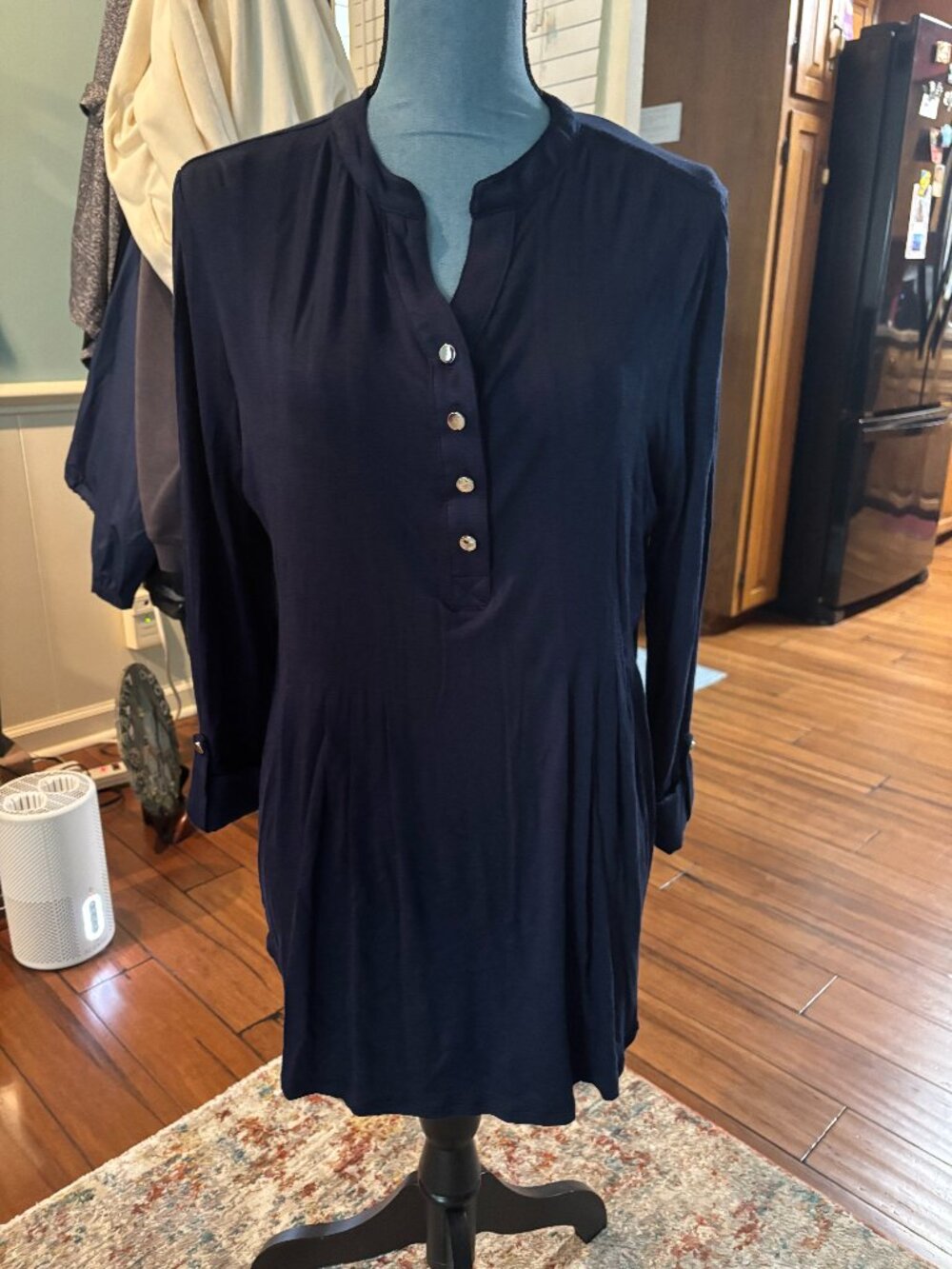 WONDERLY SIZE L NAVY BLUE PULLOVER LONG ROLL SLEEVES TOP BLOUSE BLOUSY HENLEY
